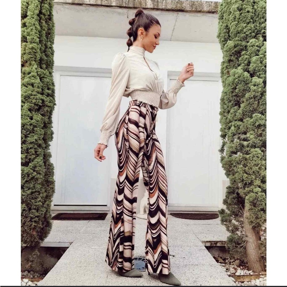 Zara Swirl-Print Wide-Leg Jumpsuit in Black, Cream & Tan - Picture 5 of 11